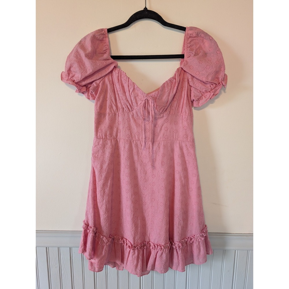 Womens Pink Milkmaid Mini Dress 5/6‎ Puff Sleeve Cottagecore Coquette Babydoll